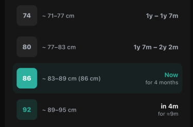 Growth predictions & clothes sizing screenshot