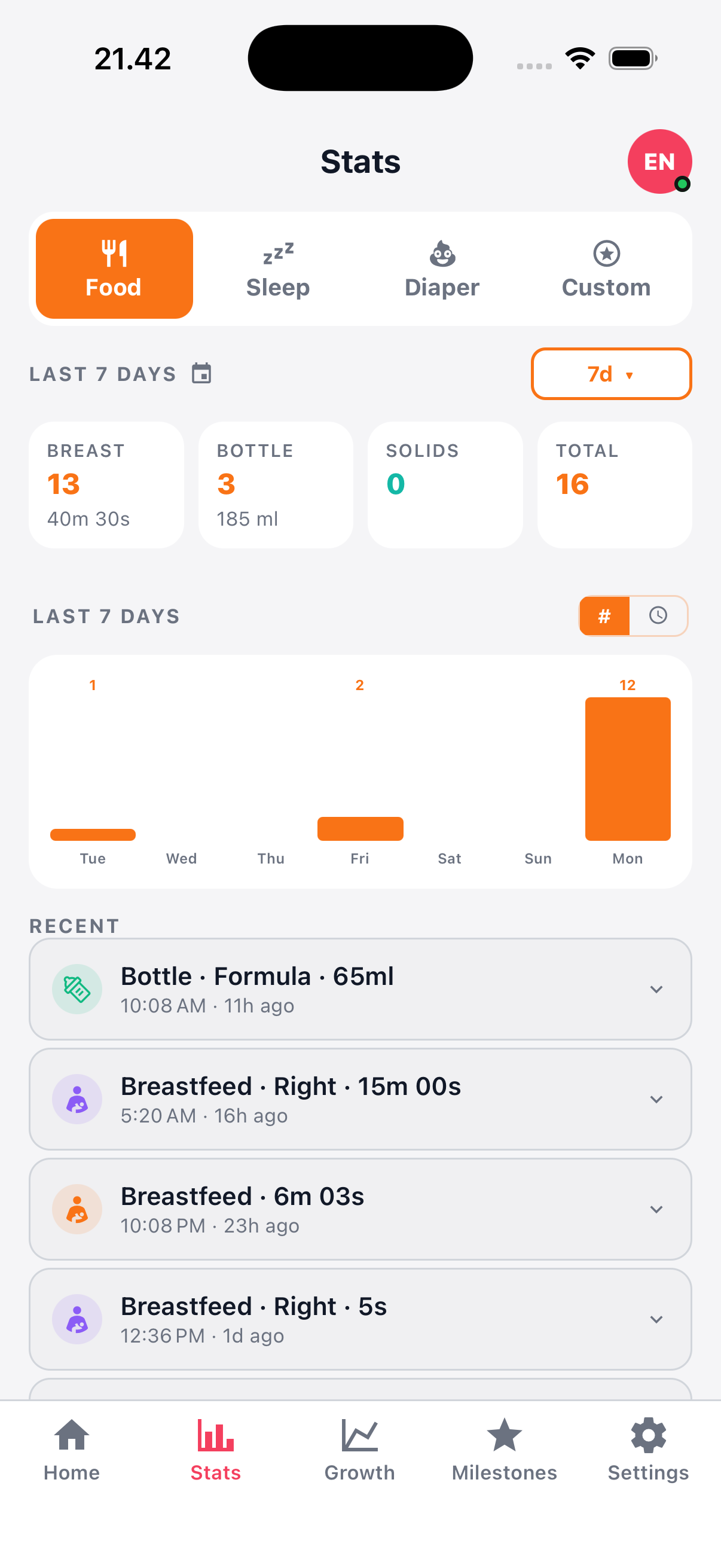 BabyTrack feeding screen